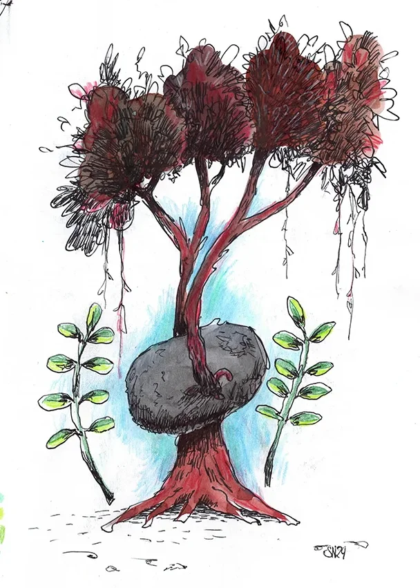 Illustration. Stone in a tree. Handmade with ballpoint pen, watercolors and colored pencils