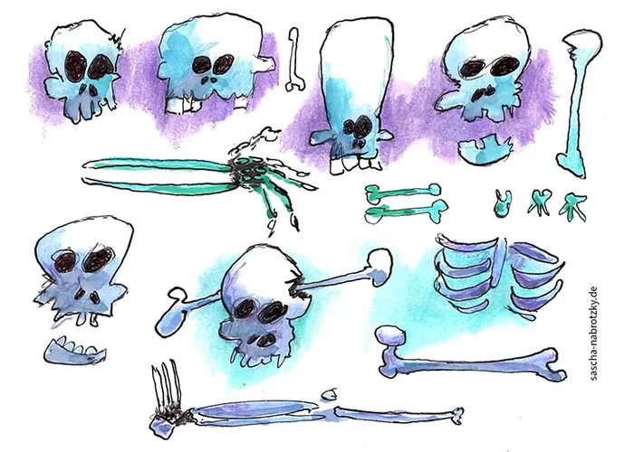 Handdrawn skeletons with ink, watercolor and colored pencils | by Sascha Nabrotzky