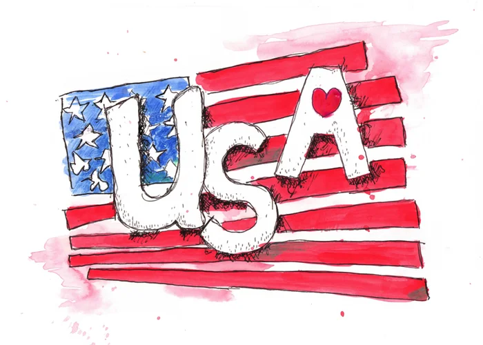 Flag of the USA created with ink and watercolor